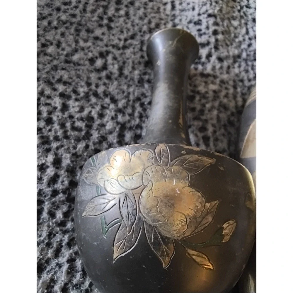 Vintage‎ Terrybear India Brass Vases Mixed Metal Floral Geometric Decor Set of 2